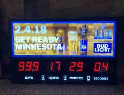 Bud Light Beer NFL Super Bowl LII 52 Minnesota Countdown Sign Clock - Rare