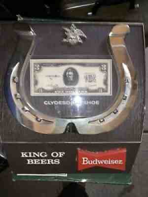 VTG 1969 BUDWEISER BEER SIGN OLD CLYDESDALE HORSE SHOE 3 DOLLAR BILL TAVERN PUB