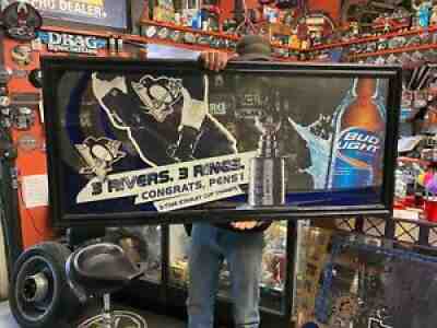 Bud light Mirror Penguins Hockey Beer Sign Adv Pittsburgh Stanley cup 23x52 Coll