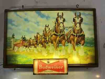 Rare Vintage Budweiser Beer Lighted Sign Clydesdale Horses Wagon 1950 1960â??s