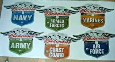 6 Budweiser US MILITARY Metal Beer Signs USAF Army Navy Marines Coast Guard Arme