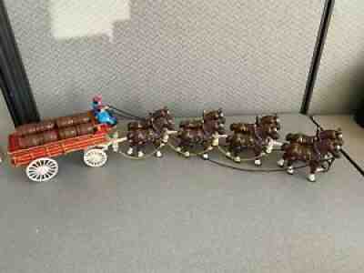 VINTAGE RARE BUDWEISER CAST IRON CLYDESDALE TEAM 8 HORSE HITCH WAGON AND BARRELS