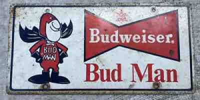 Vintage 1972 Bud Man Budweiser RARE Tag Plate Metal Sign 12