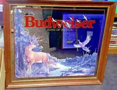 LARGE BUDWEISER KING OF BEERS WILDLIFE DEER BUCK W/ PHEASANT MIRROR