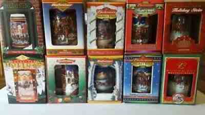 Budweiser Christmas Holiday Steins Lot Vintage Old 1996-2005 set of 10 Box COA