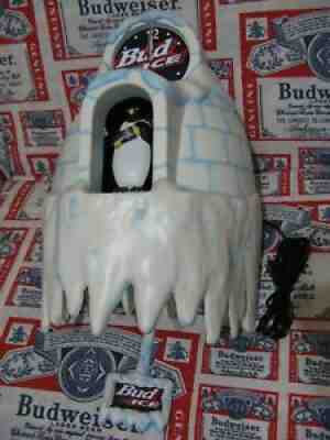 NEW VTG 1997 BUDWEISER BUD ICE BEER PENGUIN MOTION IGLOO COO-COO CLOCK BAR SIGN