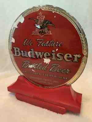 RARE 1930s WE FEATURE BUDWEISER BOTTLED BEER REVERSE GLASS BAR TAVERN SIGN READ