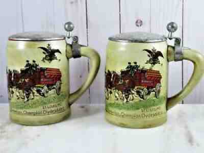 Vintage Ceramarte Budweiser Clydesdales Beer Steins Hammered Pewter Lid Pair