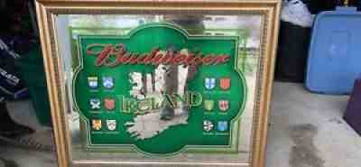 Budweiser Mirror Sign Ireland Map Clans LARGE RARE Gold frame Irish Pub Beer bar