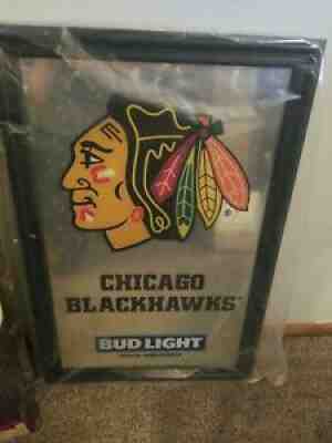 Bud Light beer Chicago Blackhawks NHL Hockey back bar mirror sign mib