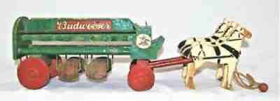 Vintage 1935 Rich Toys Budweiser Wooden Pull Toy Beer Barrel Wagon W/ 3 Horses