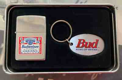 Rare 1994 Polished Chrome Budweiser Zippo Lighter & Key Chain Gift Set NEW