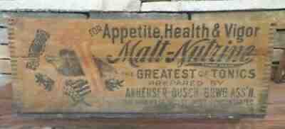 rare ANHEUSER BUSCH Malt Nutrine wood box joint beer hops tonic crate Budweiser