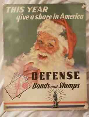 Orig Vtg Adv Sign - WW2 Defense.Bonds and Stamps - Santa Claus 1941