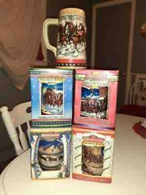 5 Budweiser Holiday Steins 2000 2001 2002 2003, 1988 In Original Boxes