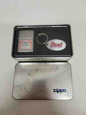 Rare 1994 Polished Chrome Budweiser Zippo Lighter & Key Chain Gift Set NEW