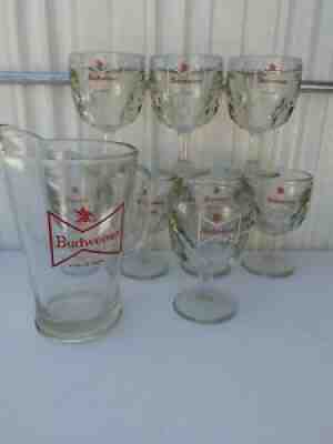 VTG GLASS BUDWEISER BEER PITCHER & 8 Beer Goblets RED BOWTIE LOGO