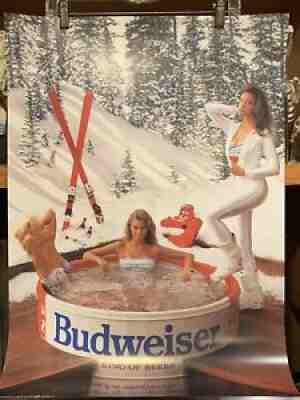 VINTAGE 1989 Budweiser Beer Poster - Girls in Hot Tub ~ Skiing ~ Models ~ SEXY