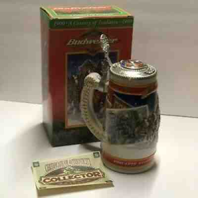 Lot of 5 Budweiser Lidded Holiday Steins, 1993, 1995, 1996, 1997, 1999