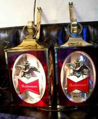 VTG PAIR BUDWEISER LANTERNS W/BRACKETS LARGE RARE1968 BEER LIGHTS