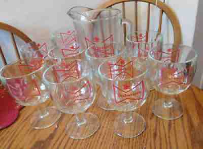 VTG GLASS BUDWEISER BEER PITCHER & 9 Beer Goblets RED BOWTIE LOGO ~ECU~ FREESHIP