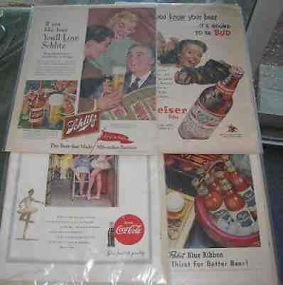 5 Vintage Ads 1950's Coke, Budweiser, Pabst Blue Ribbon, Schlitz, Ballantine's