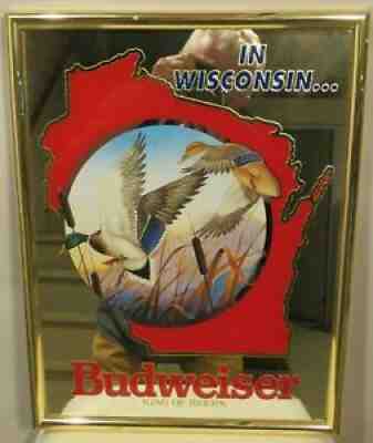 Vintage Budweiser Beer Mirror in Wisconsin Sign Collect Edition 1990-91 Ducks