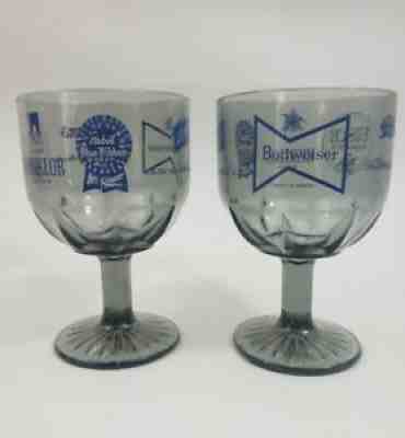 Budweiser PBR Hamm's Busch Schlitz Michelob Smoky Goblet x2 Stemmed Beer Glass