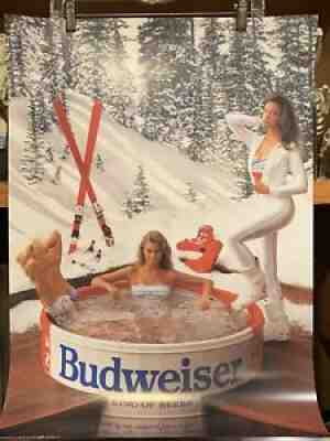 VINTAGE 1989 Budweiser Beer Poster - Girls in Hot Tub ~ Skiing ~ Models ~ SEXY