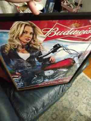 Vintage Beer Poster 20x28 Man Cave Blonde Biker woman Framed Budweiser