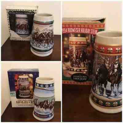 Lot Of 3 Vintage Budweiser Christmas Beer Steins w/ COA 1993 1994 1995