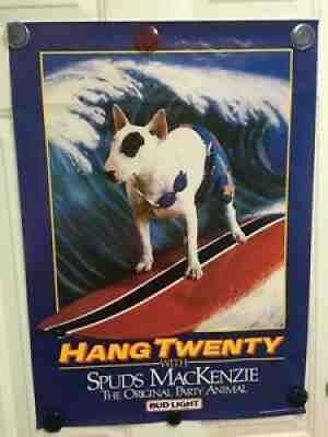 VTG 1986 SPUDS MACKENZIE HANG TWENTY BUD LIGHT POSTER BAR GARAGE CNG928