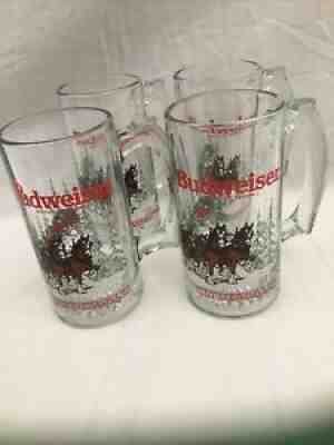 Set Of 4 BUDWEISER CLYDESDALES CHRISTMAS CLEAR GLASS MUGS/STEINS 1992 12oz