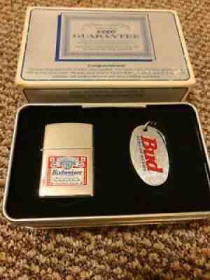 1996 Budweiser King Of Beers Zippo Lighter And Keyring Set, New In Tin