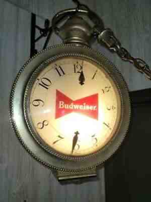 Budweiser Pocket Watch Style Synchron Bar Light Clock Chain Fob Vintage 1950s