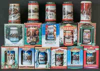 16 Vintage Budweiser Holiday Stein Collection Christmas Beer Mugs most In Boxes!