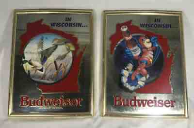 (2) Vintage Budweiser Beer Signs Mirror â??In Wisconsin ?¦ ? 1991 - Ducks And Bud Man