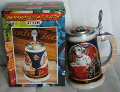 Budweiser 1999 Dalmatian Separated at Birth Stein w/Ceramic & Pewter Lid In Box