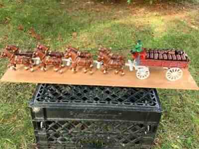 VINTAGE CAST IRON Budweiser Clydesdale 8 Horse Hitch Team Wagon 1 Drivers