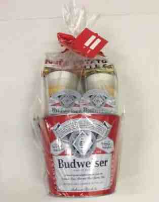 Budweiser Beer Bucket 2 Pint Glass Cups 6 Pc Gift Set Metallic NEW