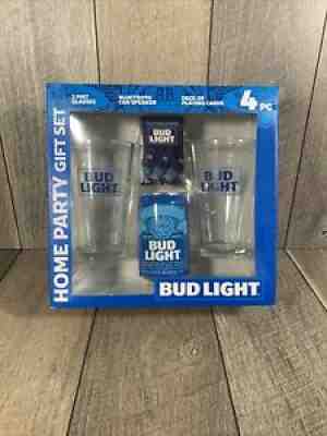 BUD LIGHT HOME PARTY GIFT SET.BNIB.PINT GLASSES BLUETOOTH SPEAKER.DECK OF CARDS