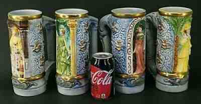 4 Pc SET 1973 BUDWEiSER GiRLS RELiEF TALL MUG STEiN ANHEUSER BUSCH MADE IN ITALY