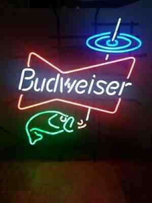 (VTG) Budweiser beer neon light up sign bass fish & water lure & bobber lake