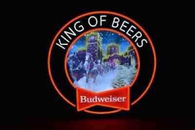 Budweiser LED Lighted Bar Sign Christmas Clydesdale Horses Snow Mancave Holiday