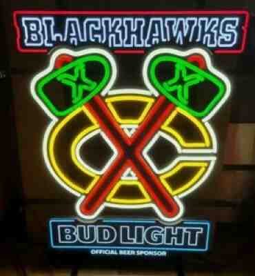 Bud light beer Chicago Blackhawks NHL hockey led light up bar sign new