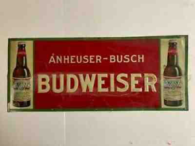 Budweiser Anheuser Busch vintage antique Metal sign W/ 2 Bottles Prohibition