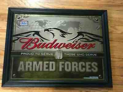 BUDWEISER SALUTE TO THE ARMED FORCES MIRROR MAN CAVE SIGN MILTIARY USA BEER