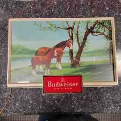 VINTAGE BUDWEISER CLYDESDALE LIGHTED SIGN MARE AND FOAL WHITE FRAME