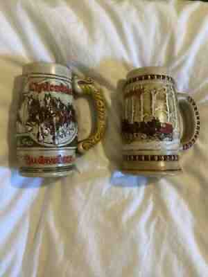 1983 Budweiser Holiday Christmas Beer Stein Mug Clydesdales & 1984 Budweiser