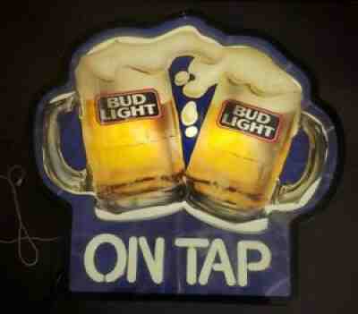 VTG BUD LIGHT TWIN MUGS ON TAP 3 D LOOK LIGHTED BAR SIGN-USED-MAN CAVE